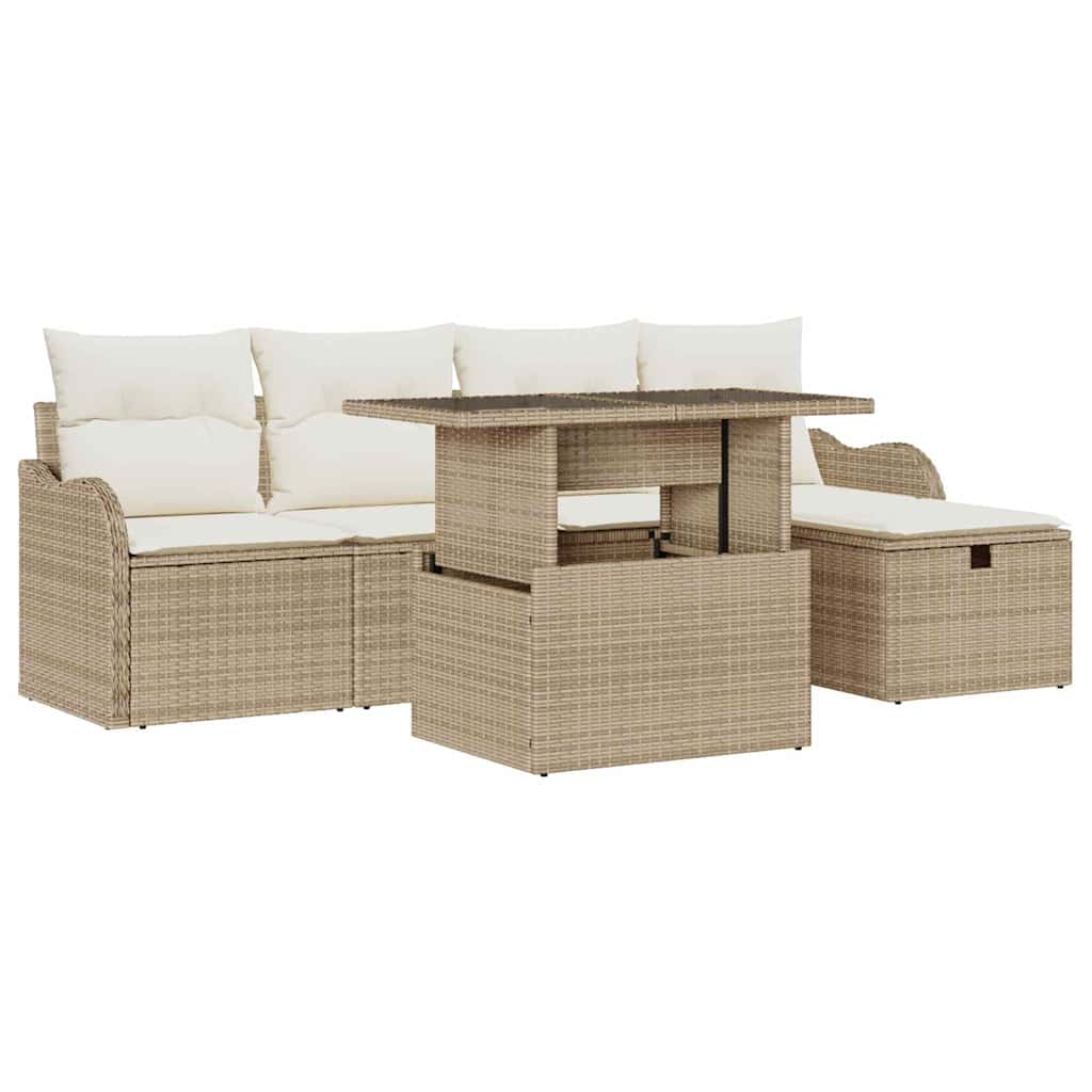 Havesofa Sæt med pude med opbevaring 6 pcs Beige Poly rattan