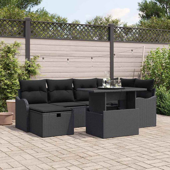 Havesofa Sæt med pude med opbevaring 7 pcs Sort Poly rattan