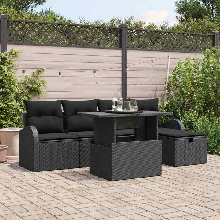 Havesofa Sæt med pude med opbevaring 6 pcs Sort Poly rattan