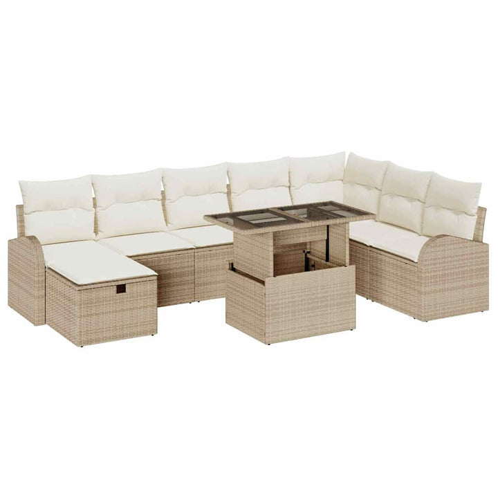 Havesofa Sæt med pude med opbevaring 9 pcs Beige Poly rattan