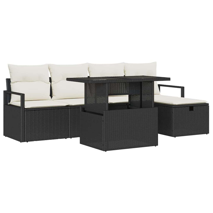 Havesofa Sæt med pude med opbevaring 6 pcs Sort Poly rattan