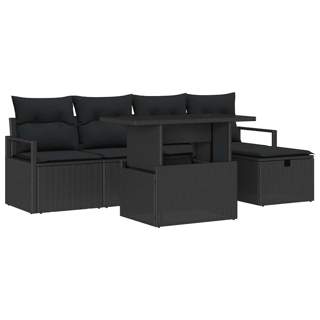 Havesofa Sæt med pude med opbevaring 6 pcs Sort Poly rattan