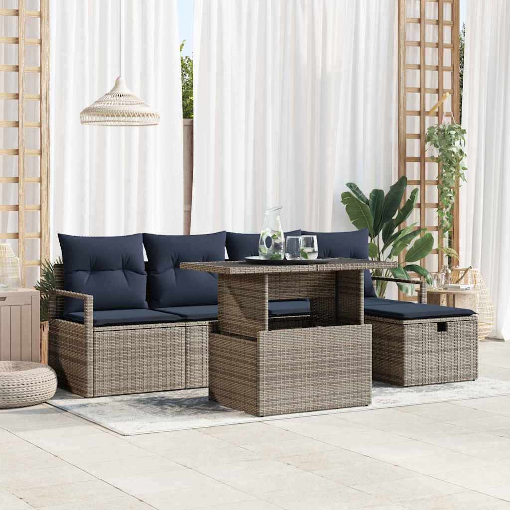Havesofa Sæt med pude med opbevaring 6 pcs Grå Poly rattan