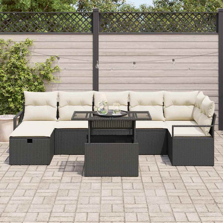 Havesofa Sæt med pude med opbevaring 8 pcs Sort Poly rattan