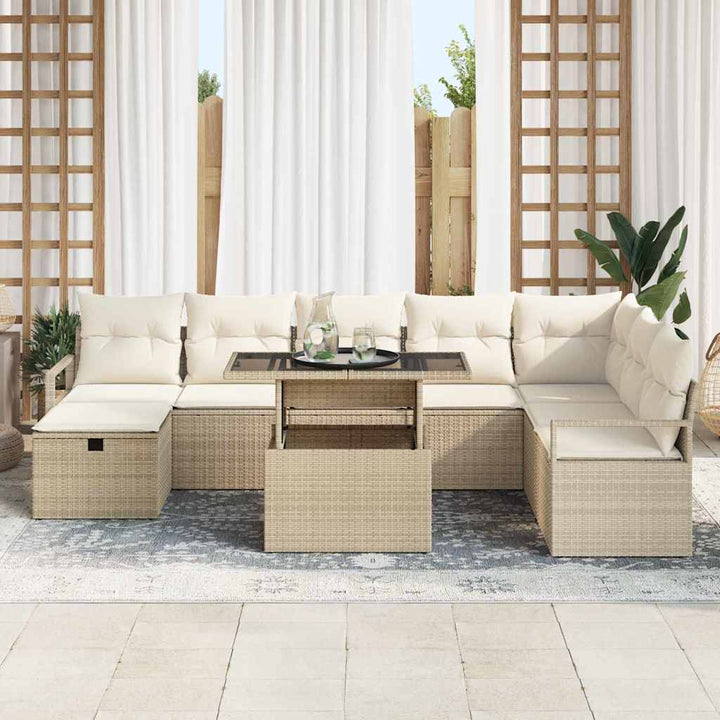 Havesofa Sæt med pude med opbevaring 9 pcs Beige Poly rattan