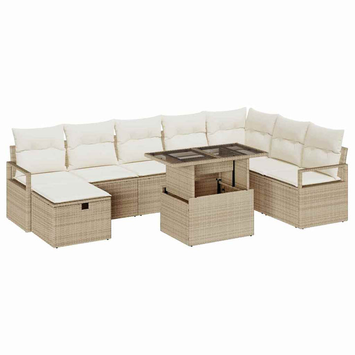 Havesofa Sæt med pude med opbevaring 9 pcs Beige Poly rattan