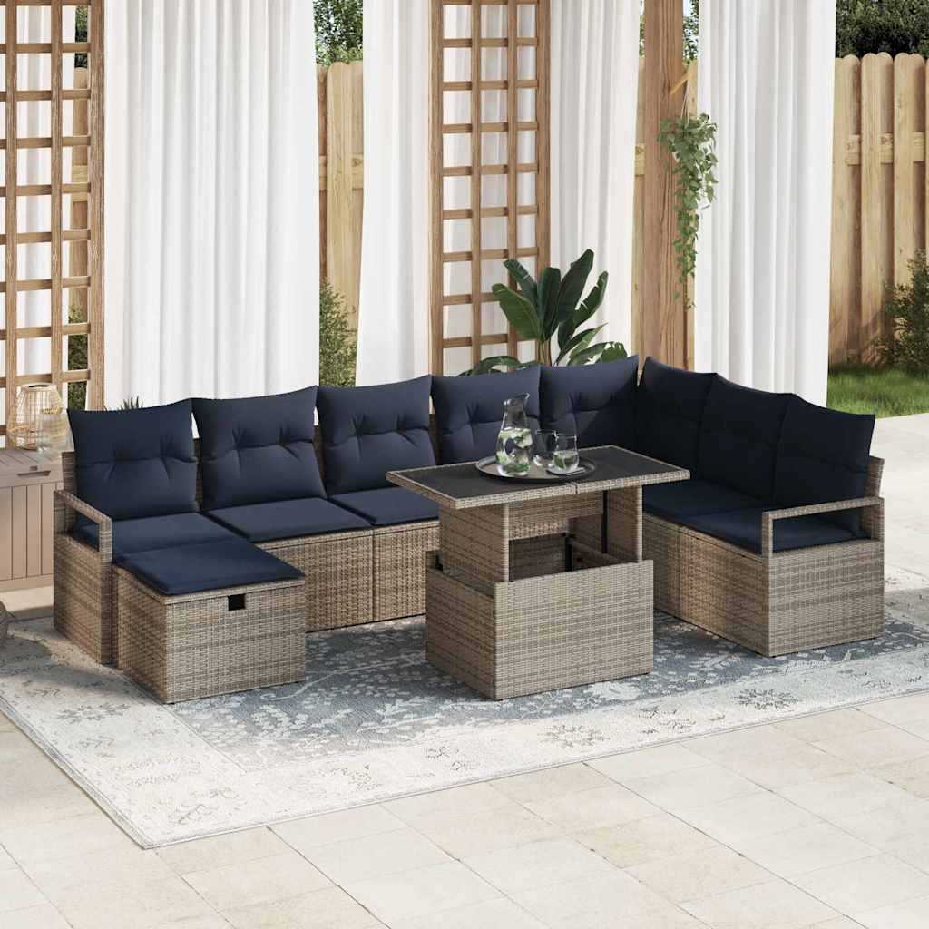 Havesofa Sæt med pude med opbevaring 9 pcs Grå Poly rattan