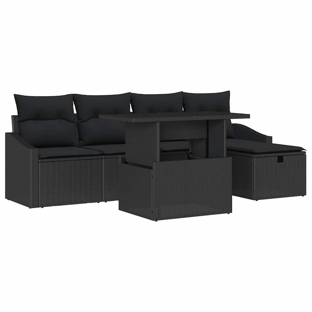 Havesofa Sæt med pude med opbevaring 6 pcs Sort Poly rattan