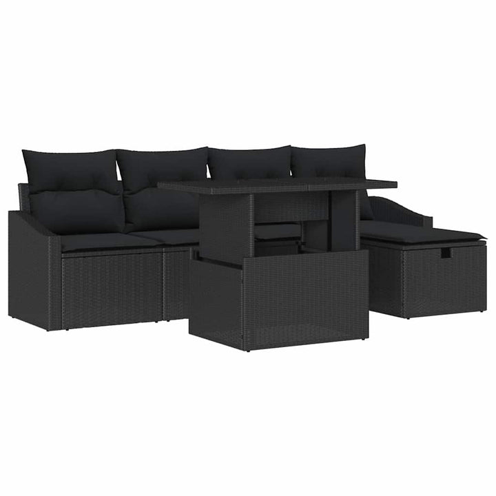 Havesofa Sæt med pude med opbevaring 6 pcs Sort Poly rattan