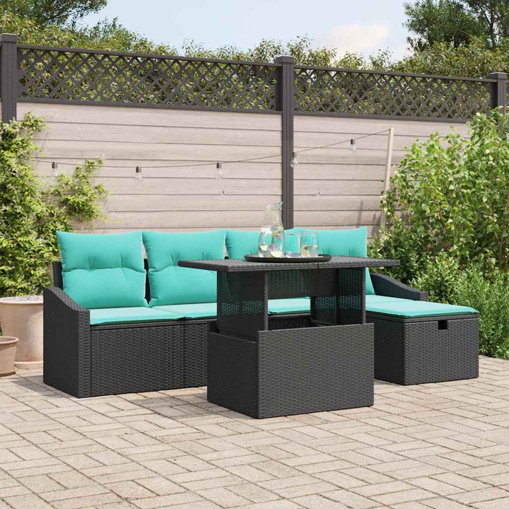 Havesofa Sæt med pude med opbevaring 6 pcs Sort Poly rattan