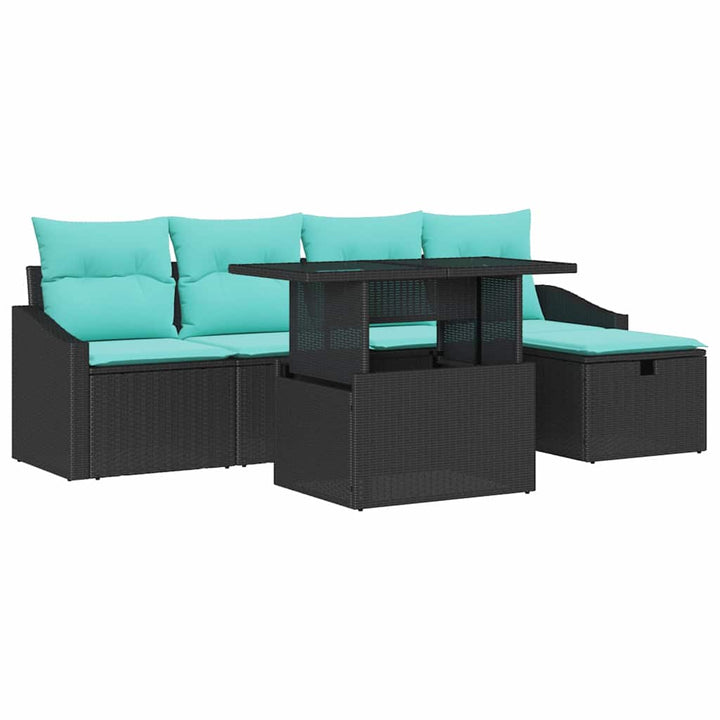 Havesofa Sæt med pude med opbevaring 6 pcs Sort Poly rattan