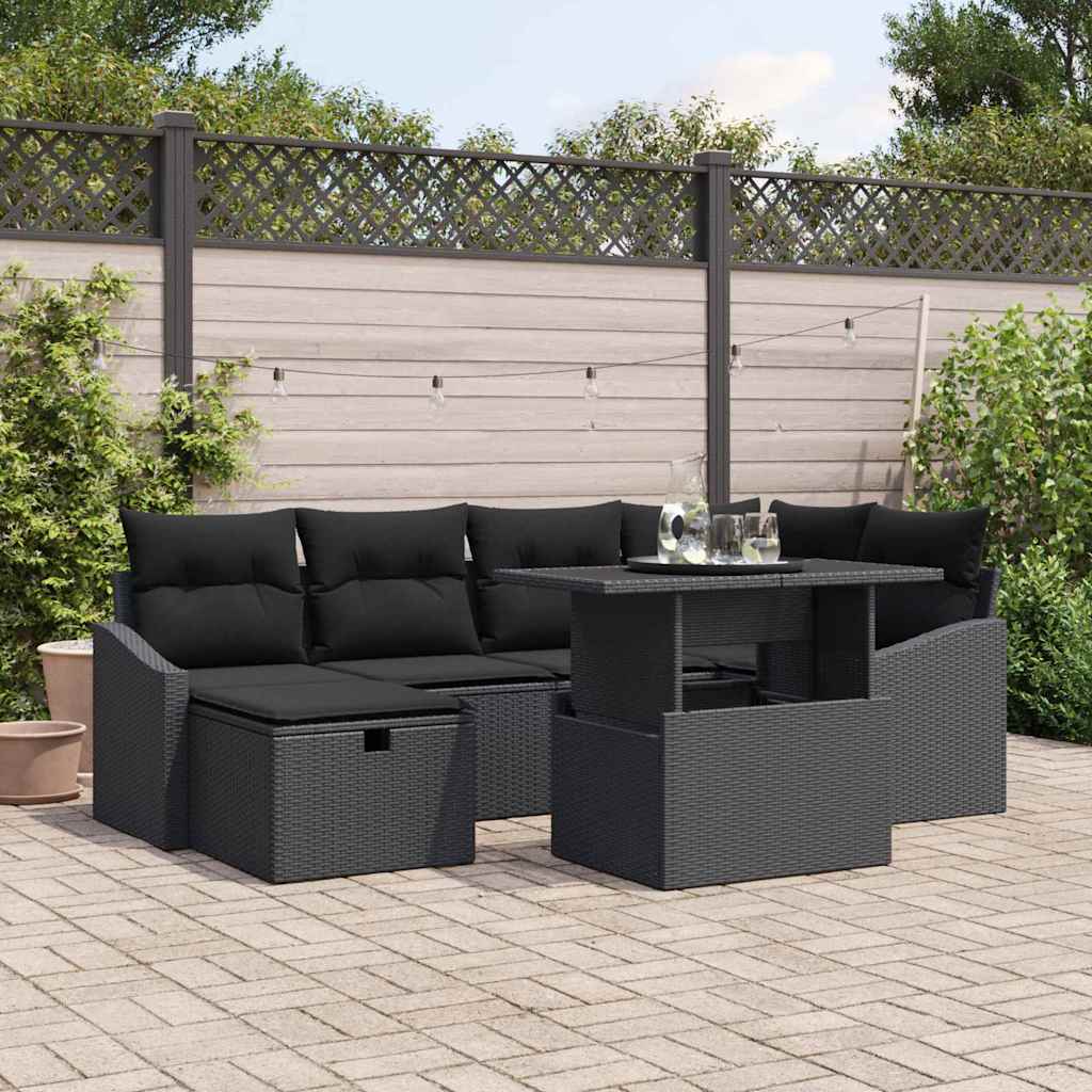 Havesofa Sæt med pude med opbevaring 7 pcs Sort Poly rattan