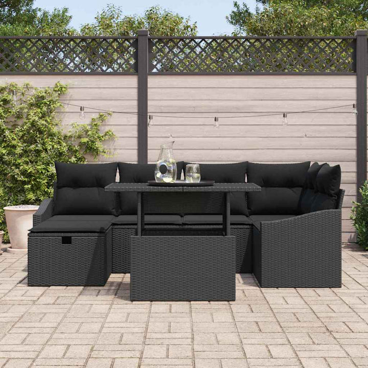 Havesofa Sæt med pude med opbevaring 7 pcs Sort Poly rattan