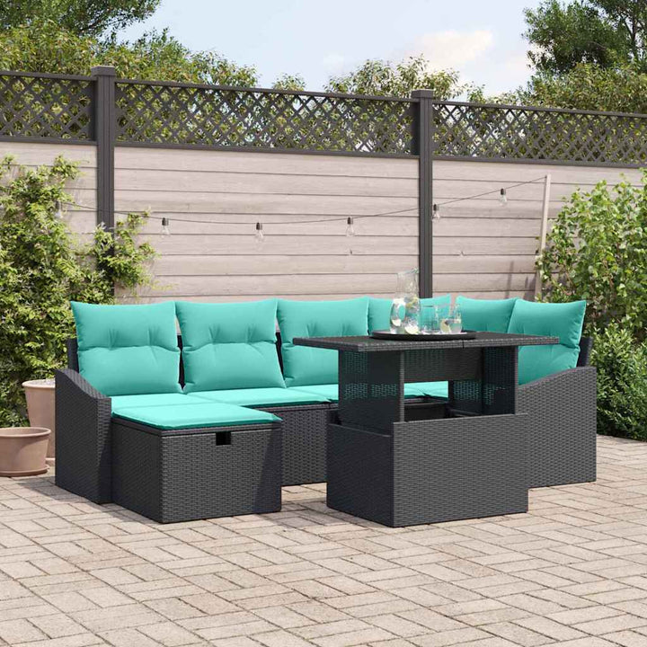 Havesofa Sæt med pude med opbevaring 7 pcs Sort Poly rattan