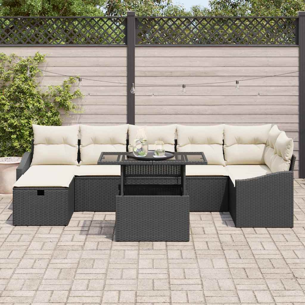 Havesofa Sæt med pude med opbevaring 8 pcs Sort Poly rattan
