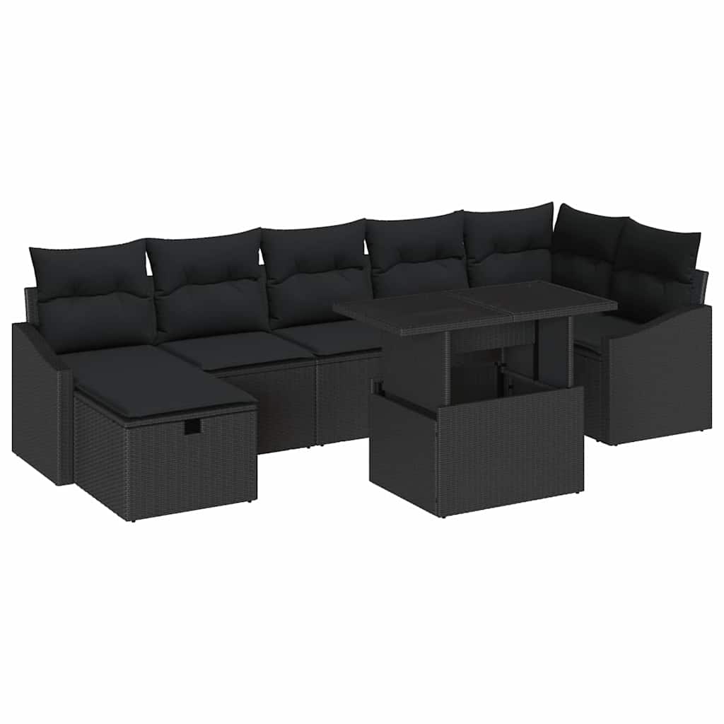Havesofa Sæt med pude med opbevaring 8 pcs Sort Poly rattan