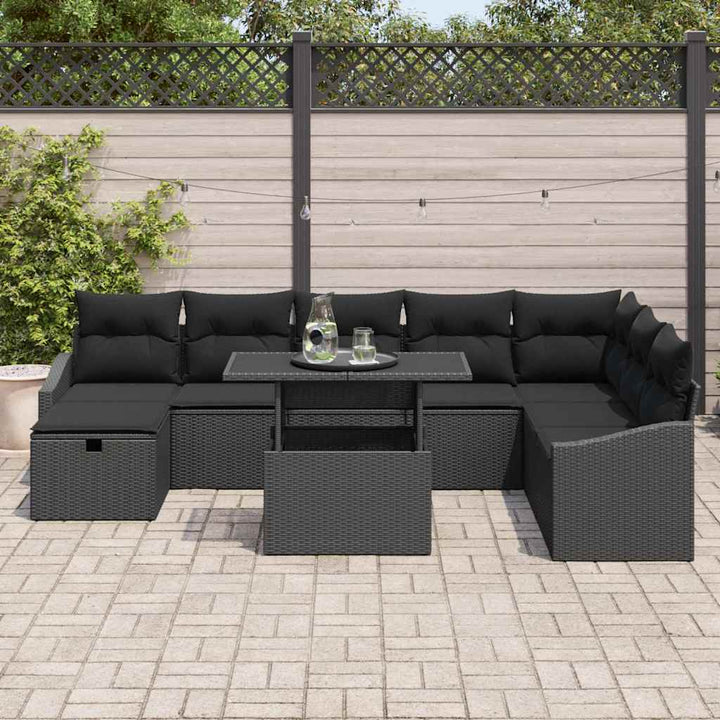 Havesofa Sæt med pude med opbevaring 9 pcs Sort Poly rattan