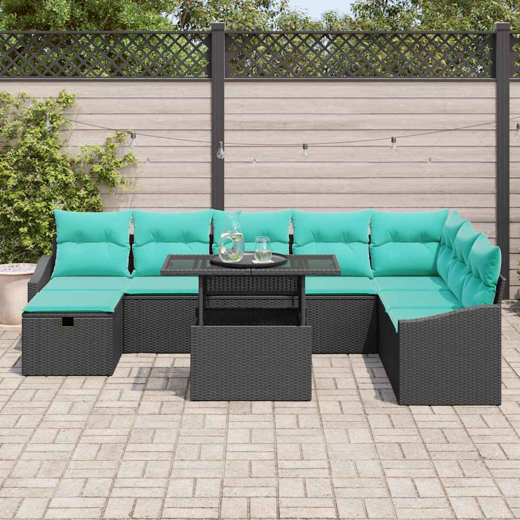 Havesofa Sæt med pude med opbevaring 9 pcs Sort Poly rattan