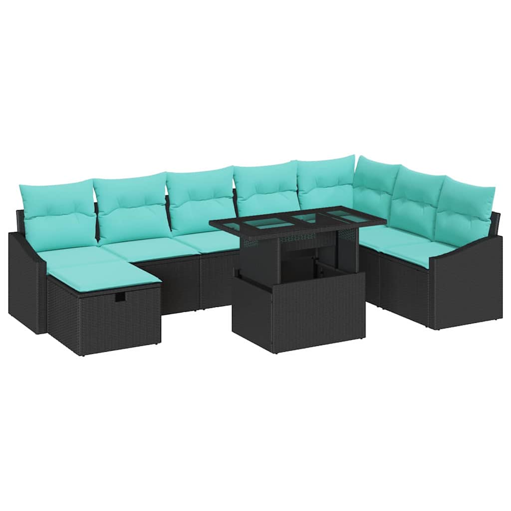 Havesofa Sæt med pude med opbevaring 9 pcs Sort Poly rattan