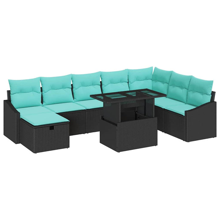 Havesofa Sæt med pude med opbevaring 9 pcs Sort Poly rattan