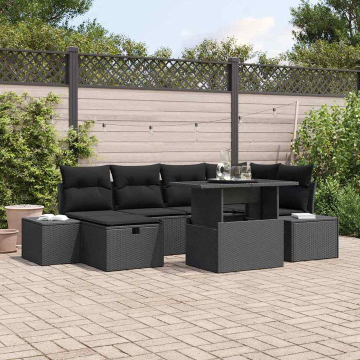Havesofa Sæt med pude med opbevaring 7 pcs Sort Poly rattan