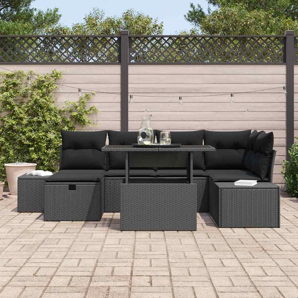 Havesofa Sæt med pude med opbevaring 7 pcs Sort Poly rattan