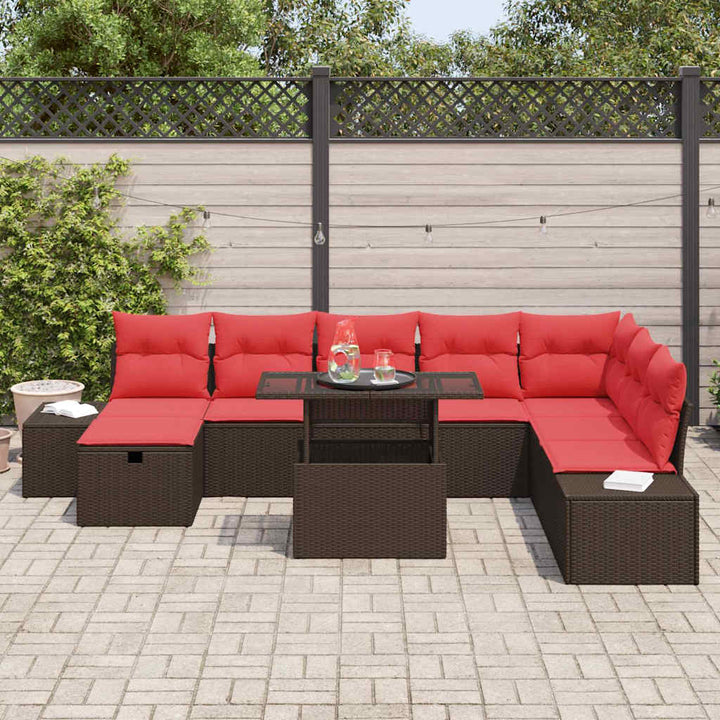 Havesofa Sæt med pude med opbevaring 9 pcs Brun Poly rattan