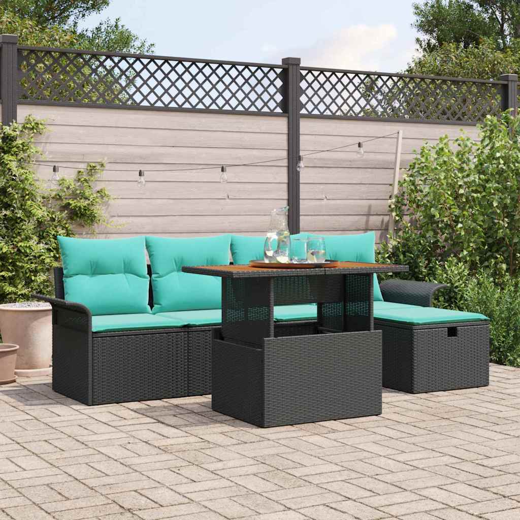Havesofa Sæt med pude med opbevaring 6 pcs Sort polyrattan