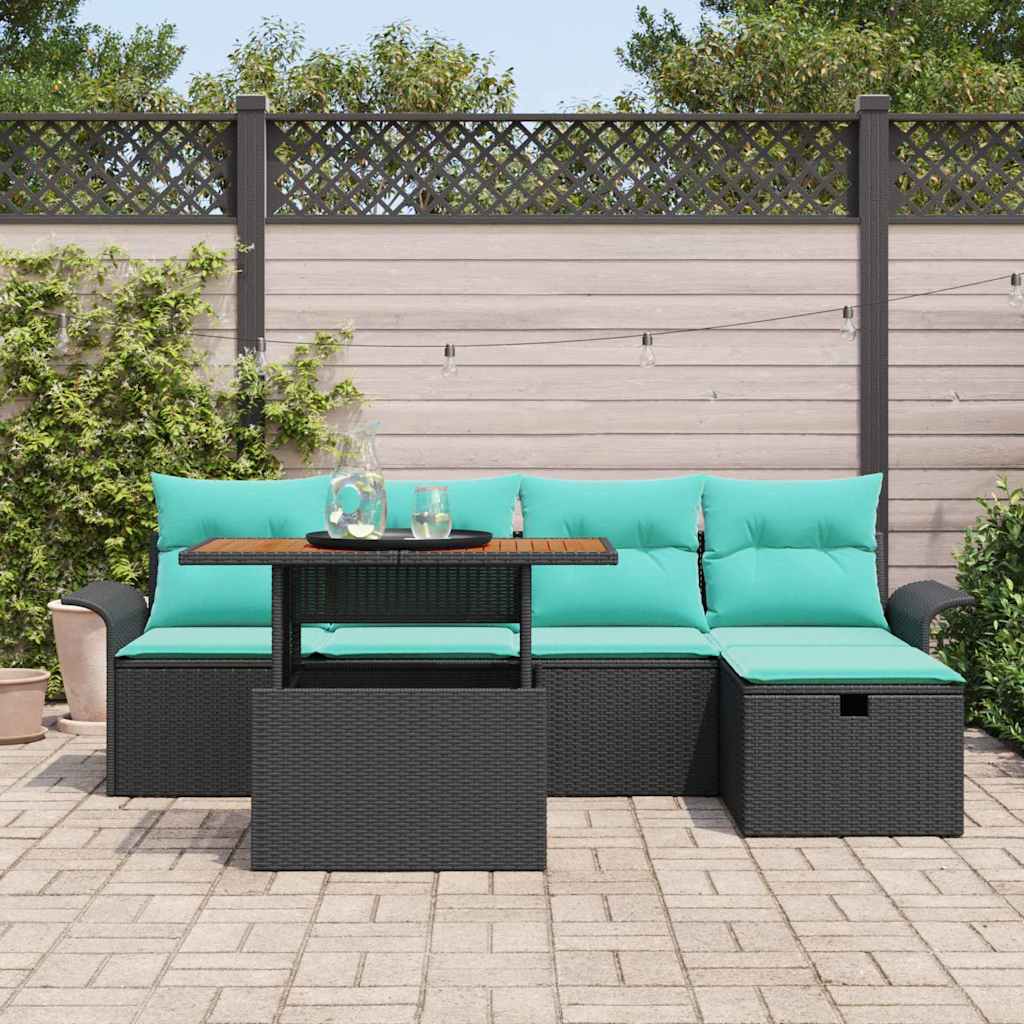 Havesofa Sæt med pude med opbevaring 6 pcs Sort polyrattan