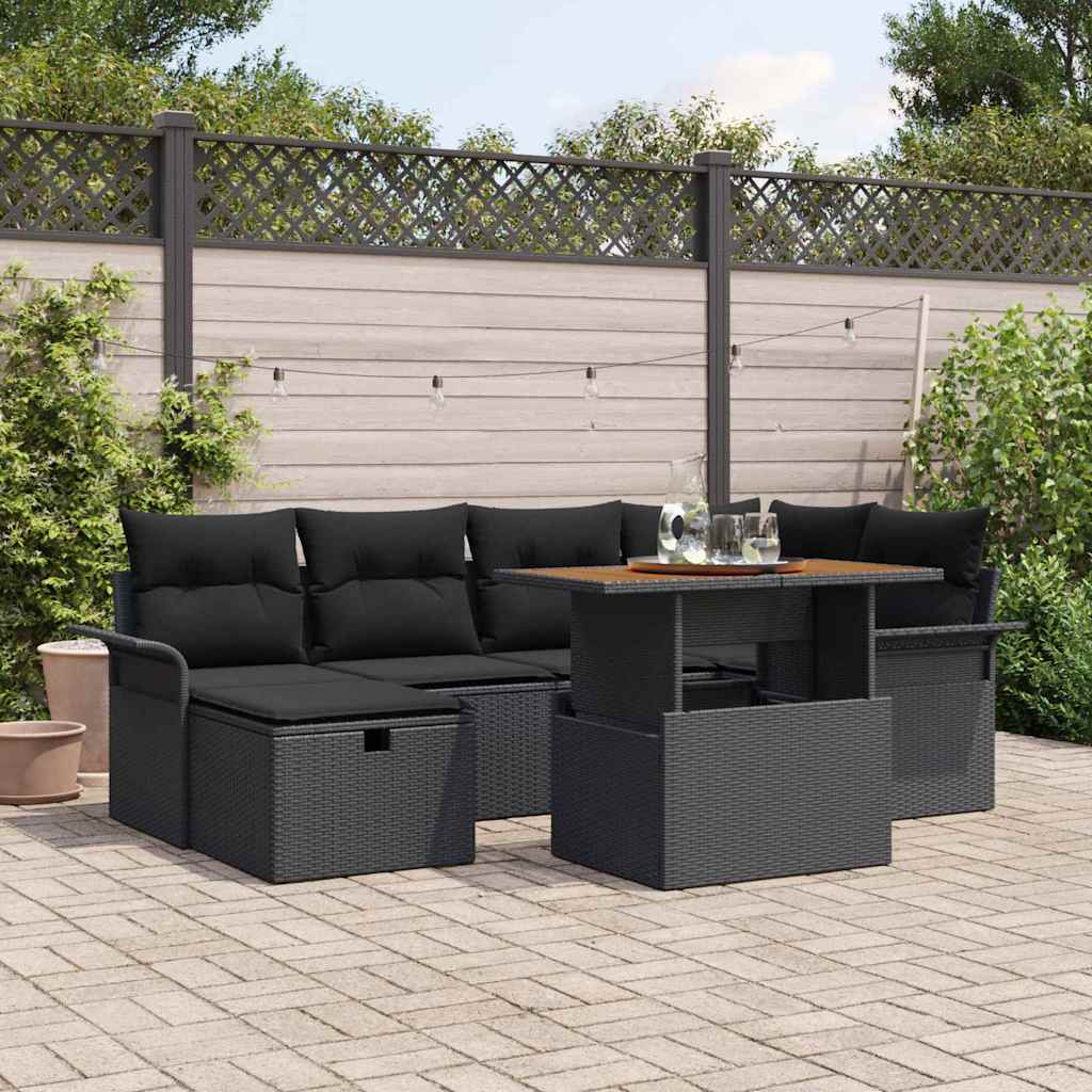 Havesofa Sæt med pude med opbevaring 7 pcs Sort polyrattan