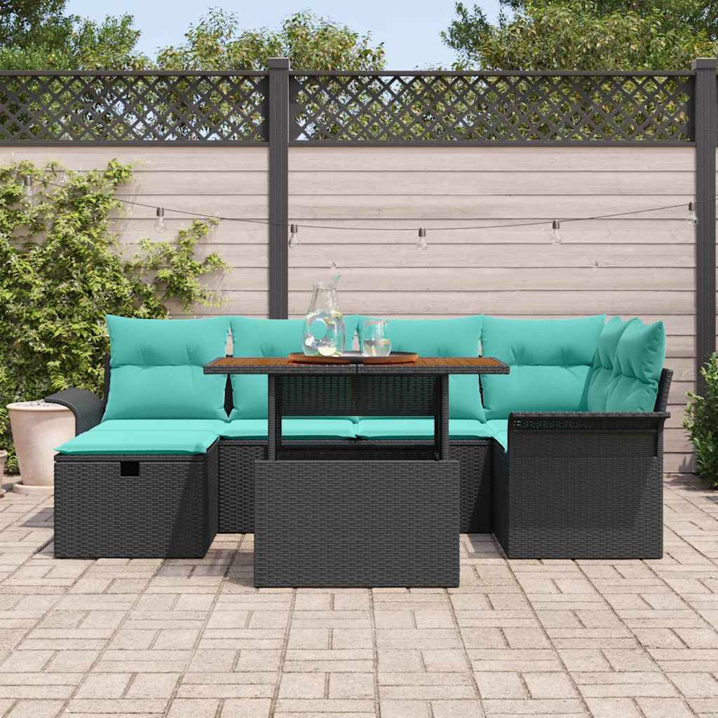 Havesofa Sæt med pude med opbevaring 7 pcs Sort polyrattan
