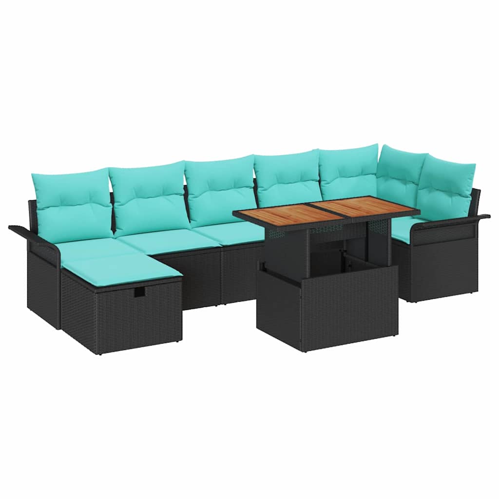 Havesofa Sæt med pude med opbevaring 8 pcs Sort polyrattan