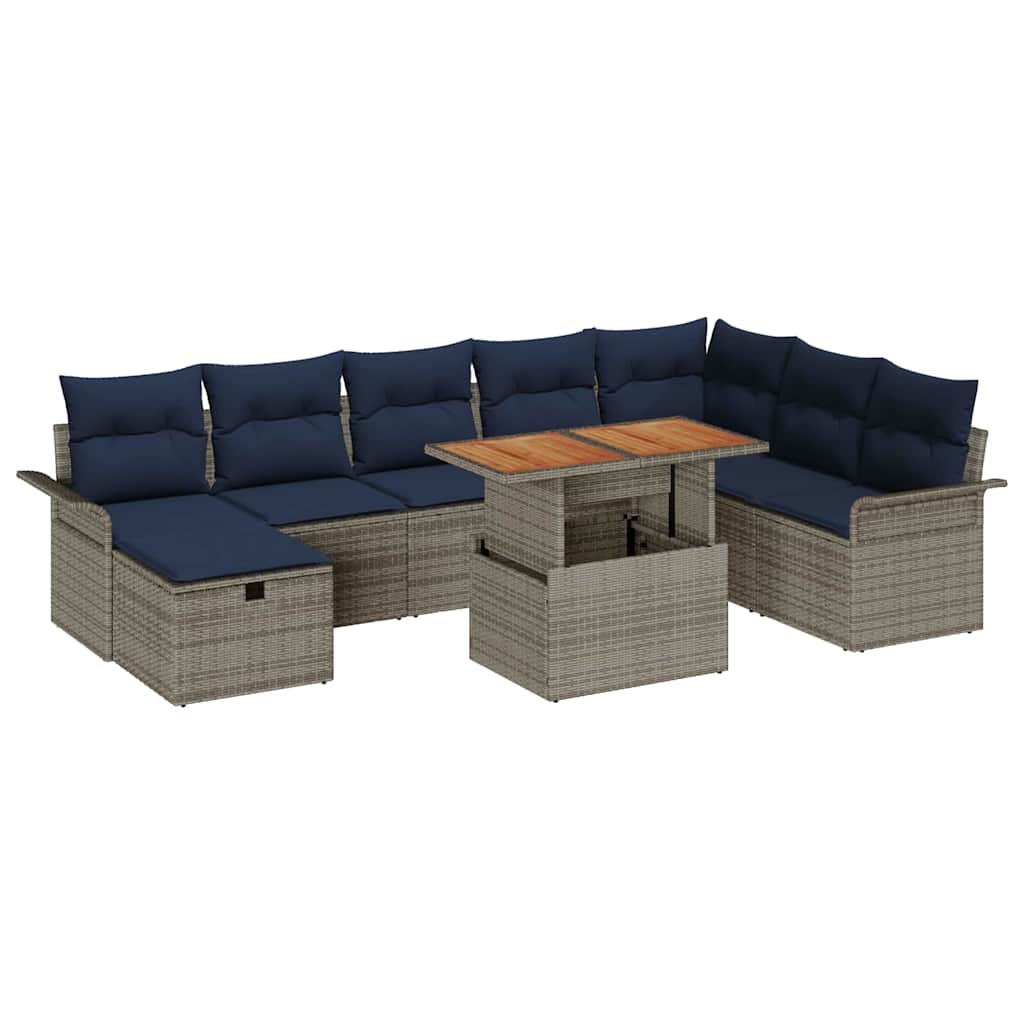 Havesofa Sæt med pude med opbevaring 9 pcs Grå polyrattan