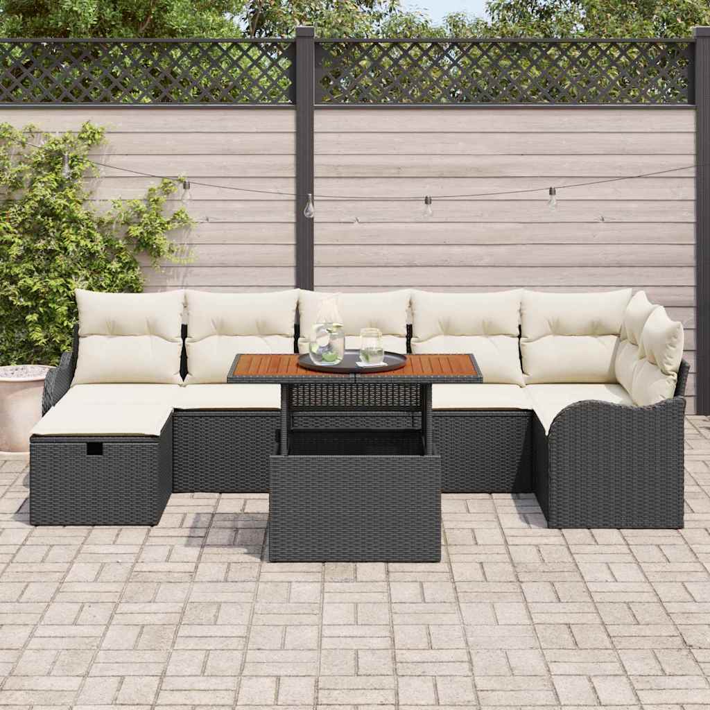 Havesofa Sæt med pude med opbevaring 8 pcs Sort polyrattan