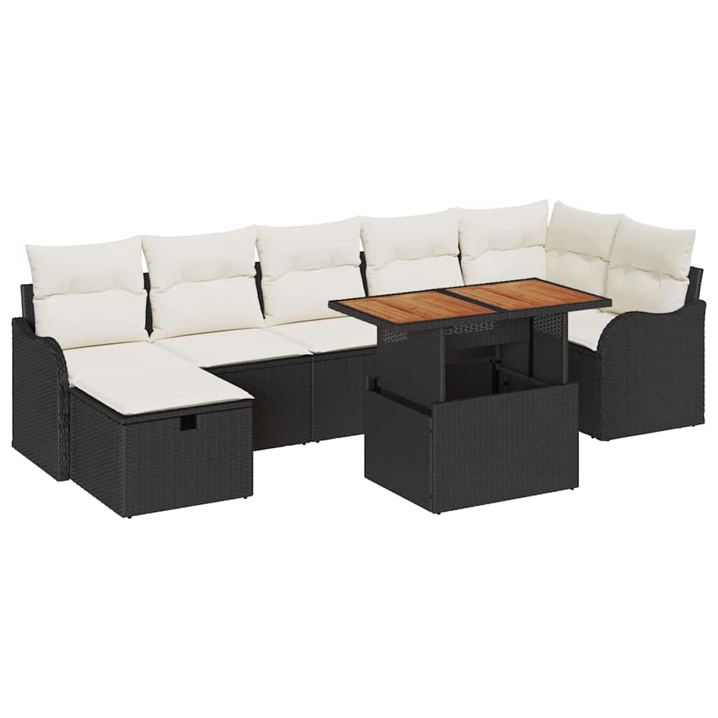 Havesofa Sæt med pude med opbevaring 8 pcs Sort polyrattan