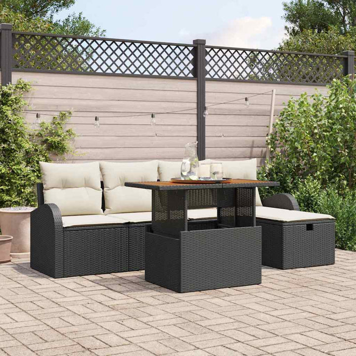 Havesofa Sæt med pude med opbevaring 6 pcs Sort polyrattan