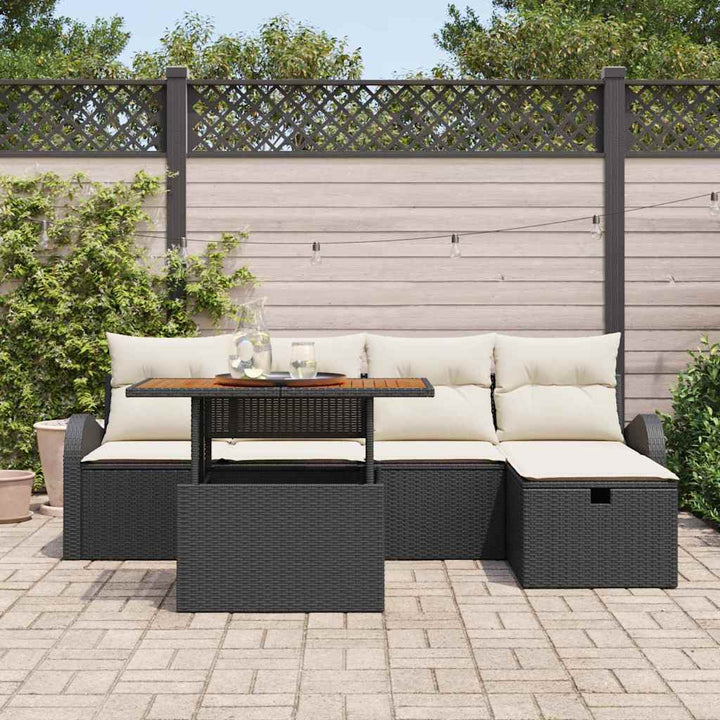 Havesofa Sæt med pude med opbevaring 6 pcs Sort polyrattan