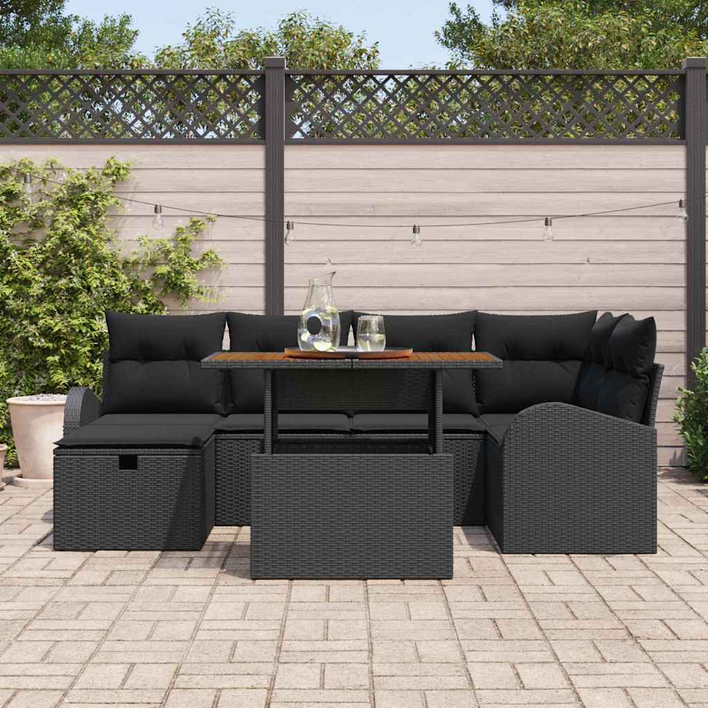 Havesofa Sæt med pude med opbevaring 7 pcs Sort polyrattan