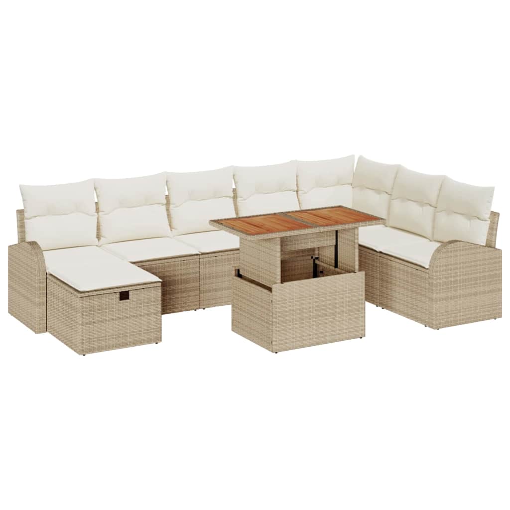 Havesofa Sæt med pude med opbevaring 9 pcs Beige polyrattan