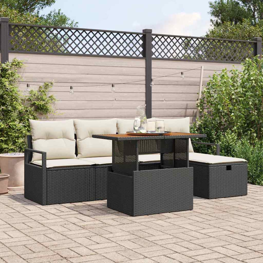 Havesofa Sæt med pude med opbevaring 6 pcs Sort polyrattan