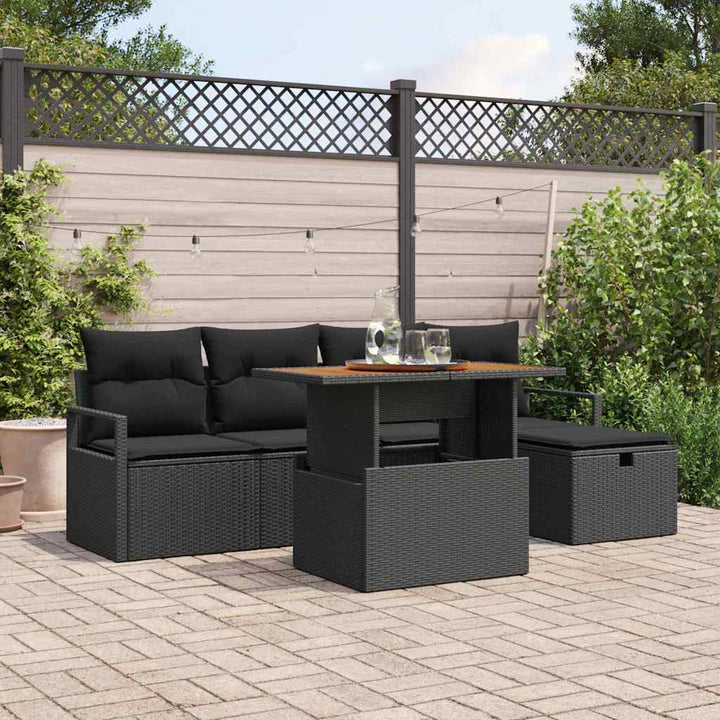 Havesofa Sæt med pude med opbevaring 6 pcs Sort polyrattan