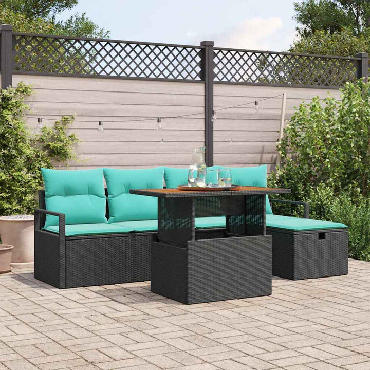 Havesofa Sæt med pude med opbevaring 6 pcs Sort polyrattan