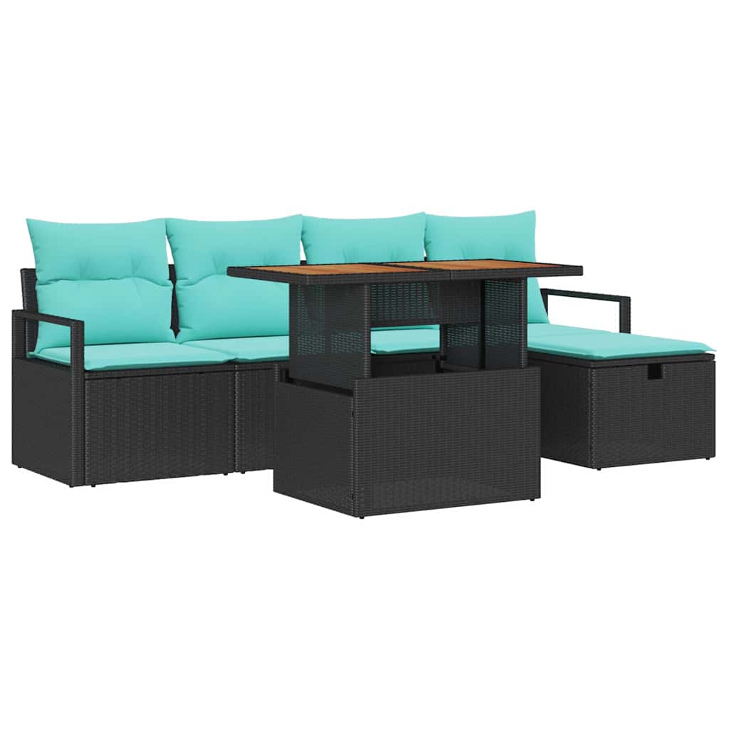 Havesofa Sæt med pude med opbevaring 6 pcs Sort polyrattan