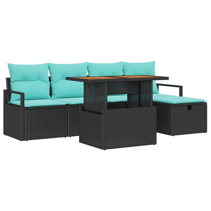 Havesofa Sæt med pude med opbevaring 6 pcs Sort polyrattan