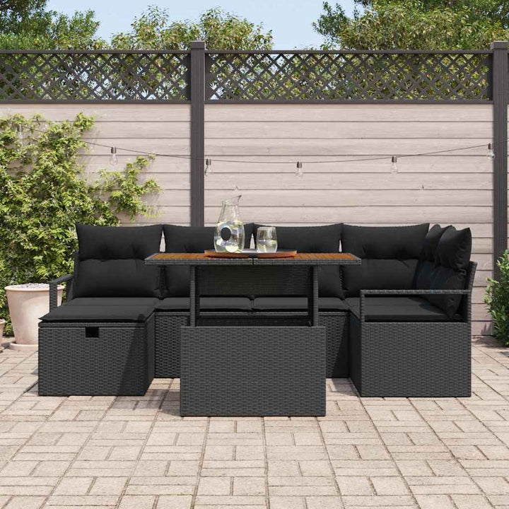 Havesofa Sæt med pude med opbevaring 7 pcs Sort polyrattan