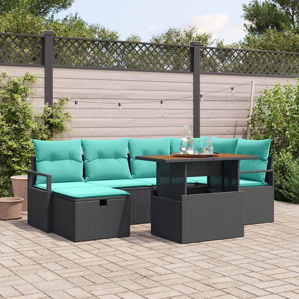 Havesofa Sæt med pude med opbevaring 7 pcs Sort polyrattan