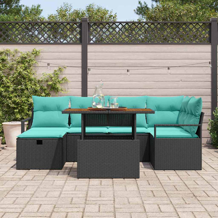 Havesofa Sæt med pude med opbevaring 7 pcs Sort polyrattan