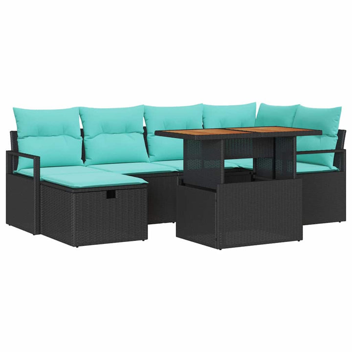 Havesofa Sæt med pude med opbevaring 7 pcs Sort polyrattan