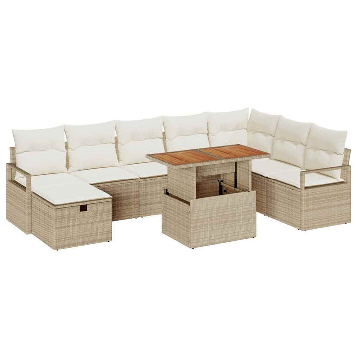 Havesofa Sæt med pude med opbevaring 9 pcs Beige polyrattan