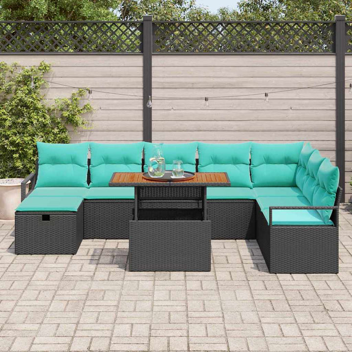 Havesofa Sæt med pude med opbevaring 9 pcs Sort polyrattan